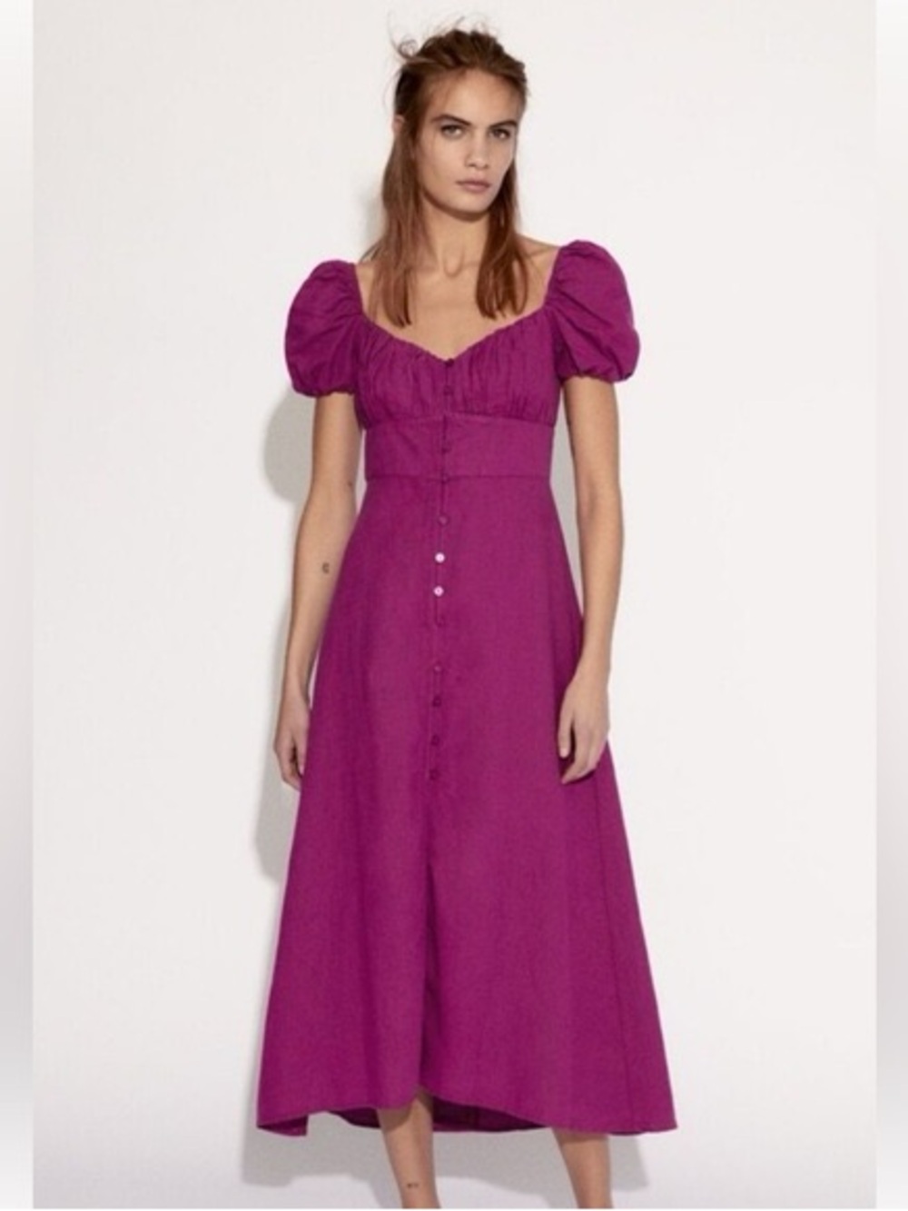Zara | Plum Magenta Button Up Linen Sweetheart Neck Midi Dress